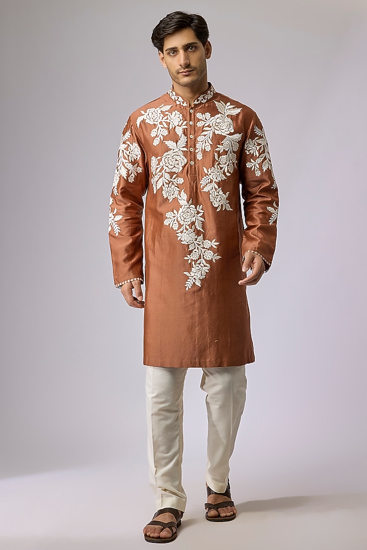 Mocha Brown Silk Viscose Floral Embroidered Kurta Set by Mard  by Abu Sandeep