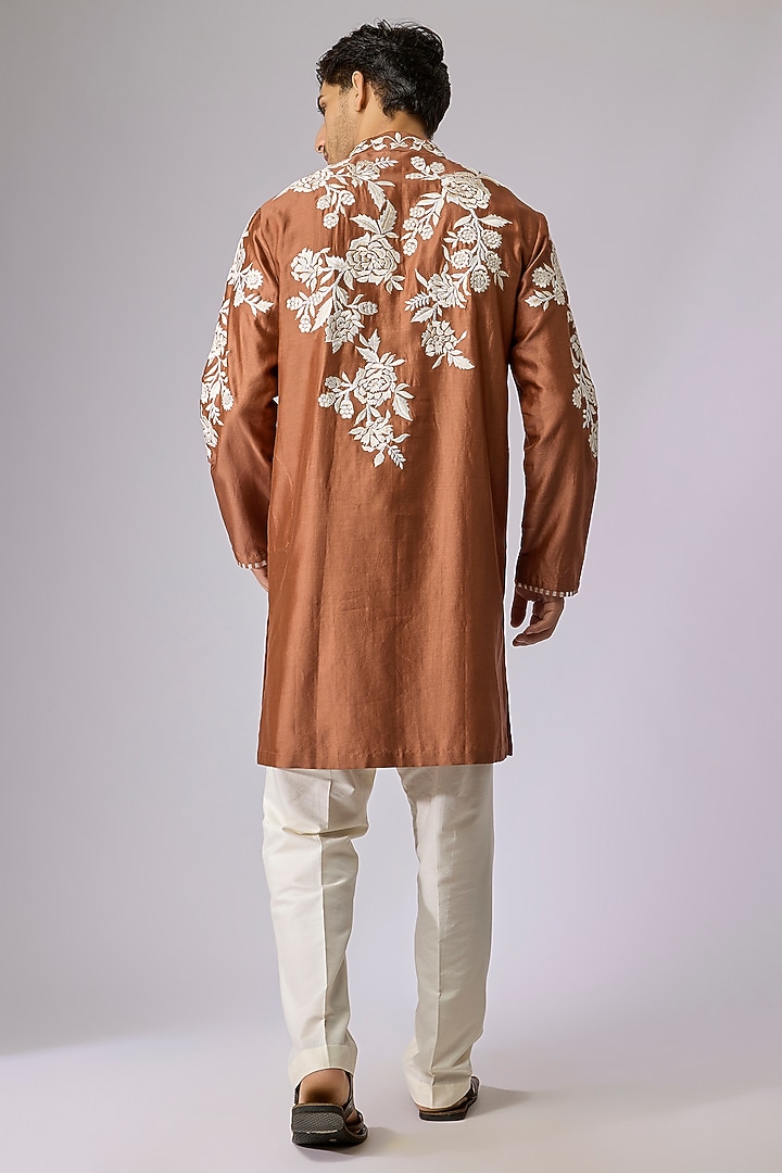 Mocha Brown Silk Viscose Floral Embroidered Kurta Set by Mard by Abu Sandeep at Pernia's Pop Up Shop