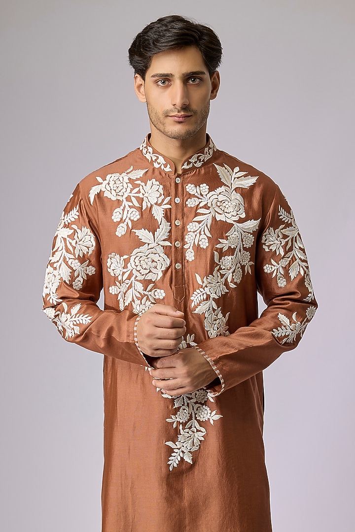 Mocha Brown Silk Viscose Floral Embroidered Kurta Set by Mard by Abu Sandeep at Pernia's Pop Up Shop