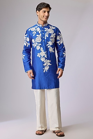Blue Silk Viscose Floral Embroidered Kurta Set by Mard  by Abu Sandeep