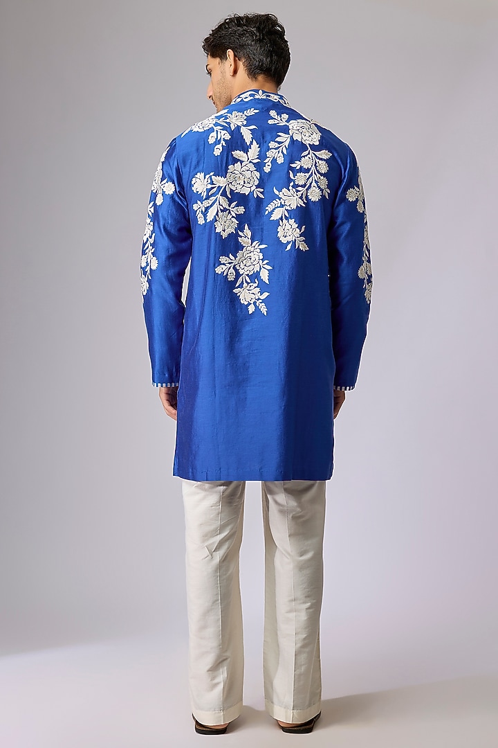 Blue Silk Viscose Floral Embroidered Kurta Set by Mard by Abu Sandeep at Pernia's Pop Up Shop