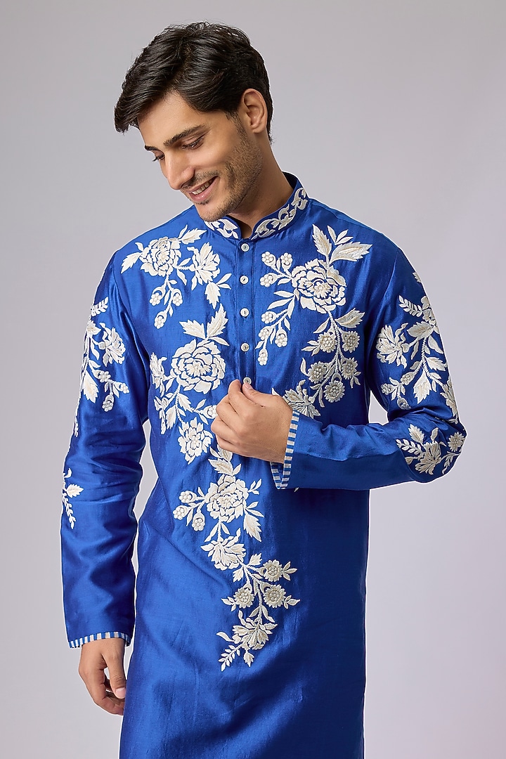 Blue Silk Viscose Floral Embroidered Kurta Set by Mard by Abu Sandeep at Pernia's Pop Up Shop