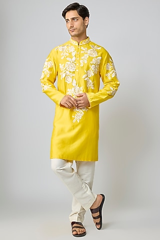 Yellow Silk Kurta Set by Mard  by Abu Sandeep