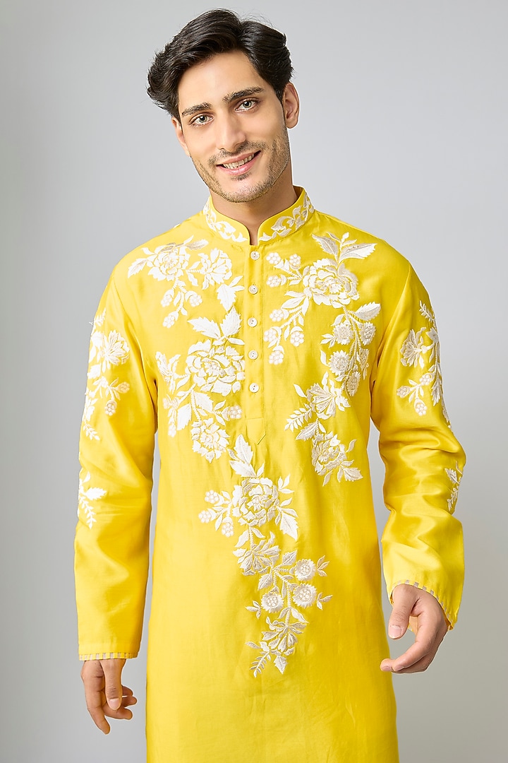 Yellow Silk Kurta Set by Mard  by Abu Sandeep at Pernia's Pop Up Shop