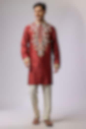 Maroon Silk Viscose Resham Floral Embroidered Kurta Set by Mard  by Abu Sandeep