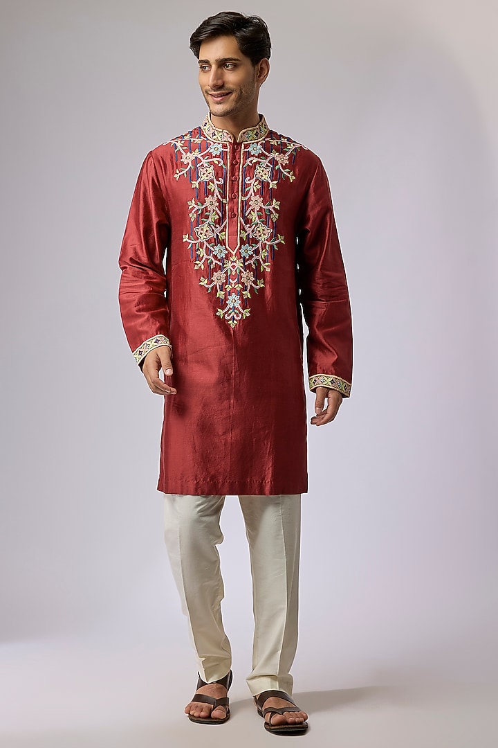 Maroon Silk Viscose Resham Floral Embroidered Kurta Set by Mard  by Abu Sandeep