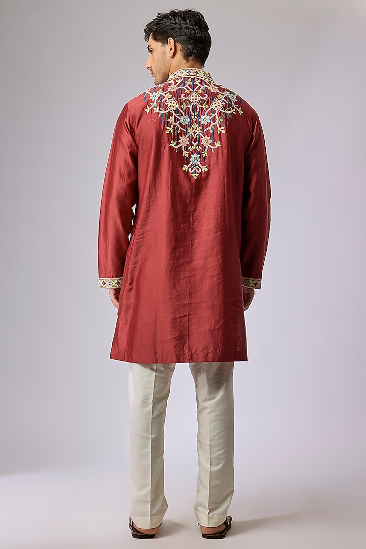 Maroon Silk Viscose Resham Floral Embroidered Kurta Set by Mard by Abu Sandeep at Pernia's Pop Up Shop
