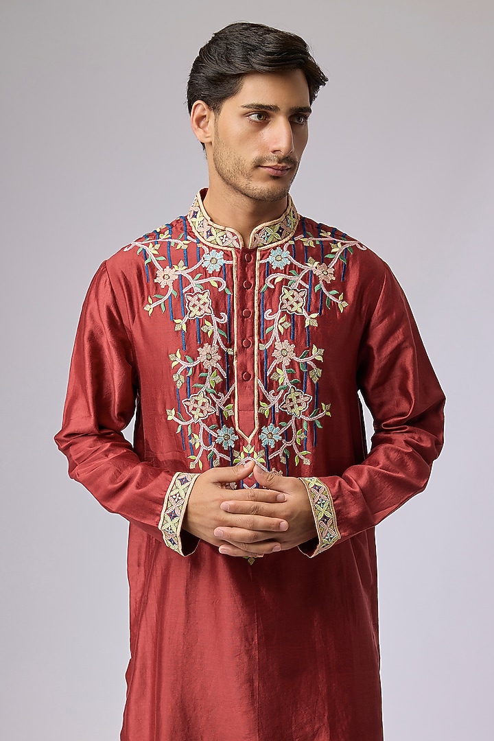 Maroon Silk Viscose Resham Floral Embroidered Kurta Set by Mard by Abu Sandeep at Pernia's Pop Up Shop