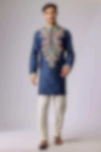 Navy Blue Silk Viscose Resham Floral Embroidered Kurta Set by Mard  by Abu Sandeep