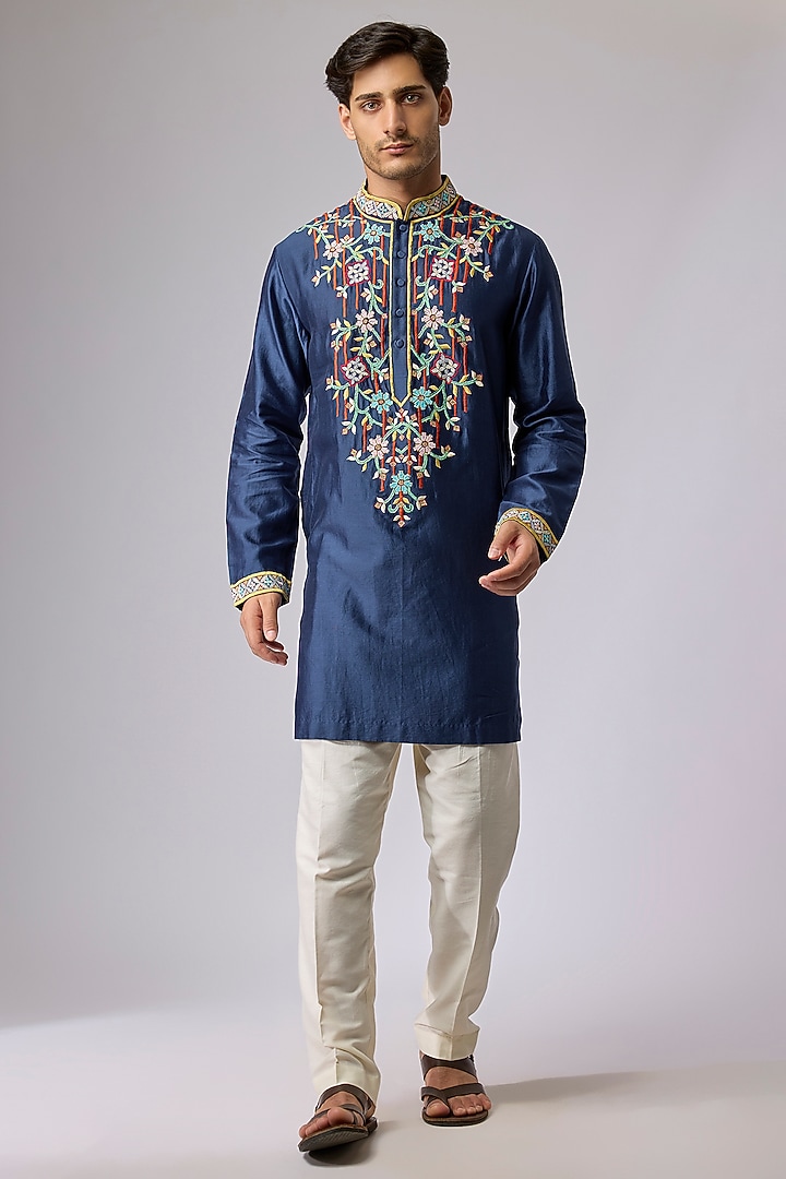 Navy Blue Silk Viscose Resham Floral Embroidered Kurta Set by Mard  by Abu Sandeep