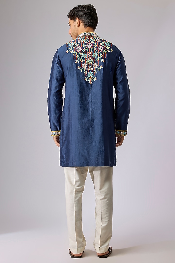 Navy Blue Silk Viscose Resham Floral Embroidered Kurta Set by Mard by Abu Sandeep at Pernia's Pop Up Shop