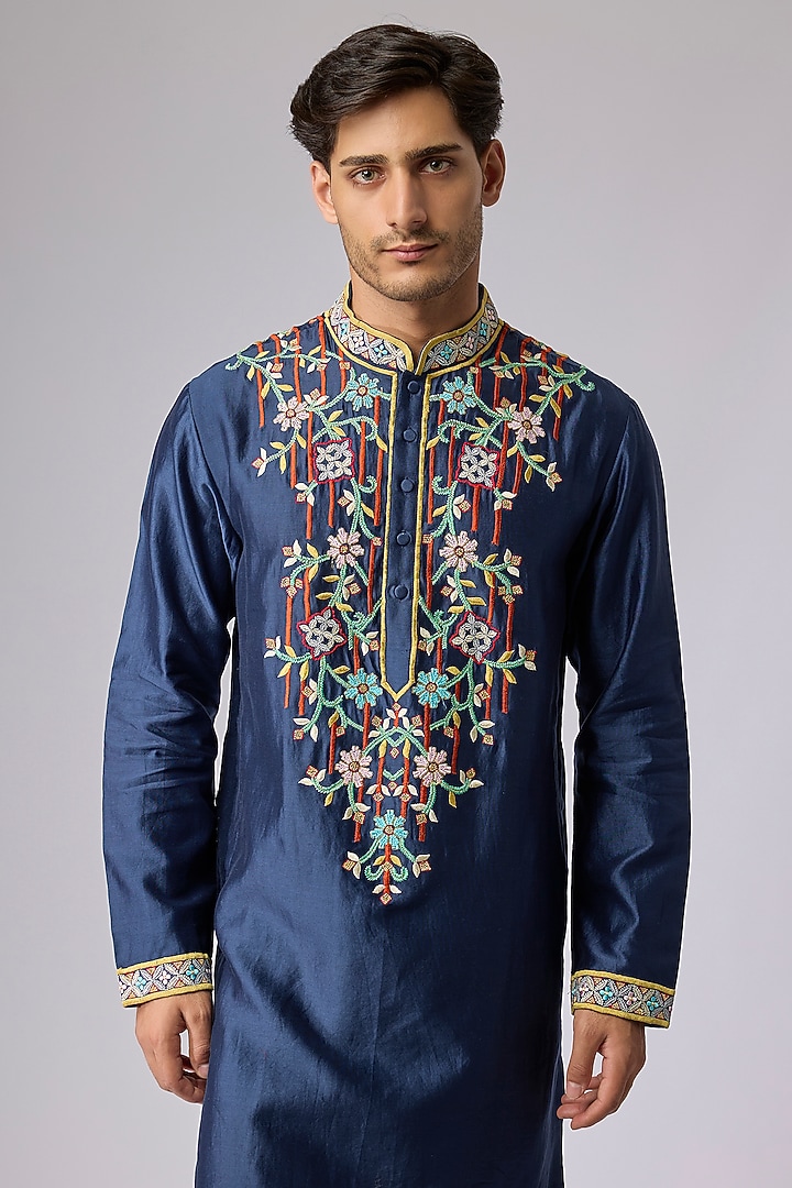 Navy Blue Silk Viscose Resham Floral Embroidered Kurta Set by Mard by Abu Sandeep at Pernia's Pop Up Shop