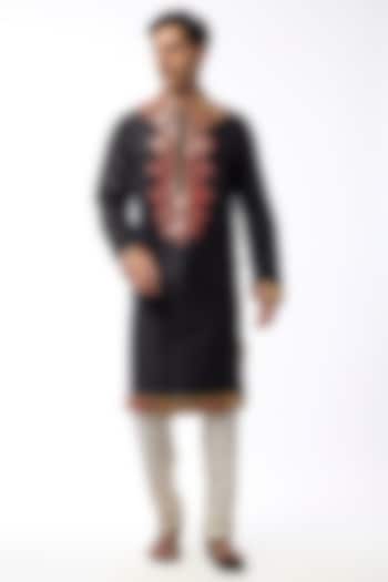 Black Silk Viscose Mirror Embroidered Kurta Set by Mard  by Abu Sandeep