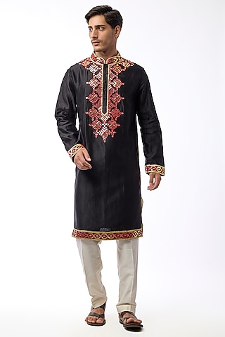 Black Silk Viscose Mirror Embroidered Kurta Set by Mard  by Abu Sandeep