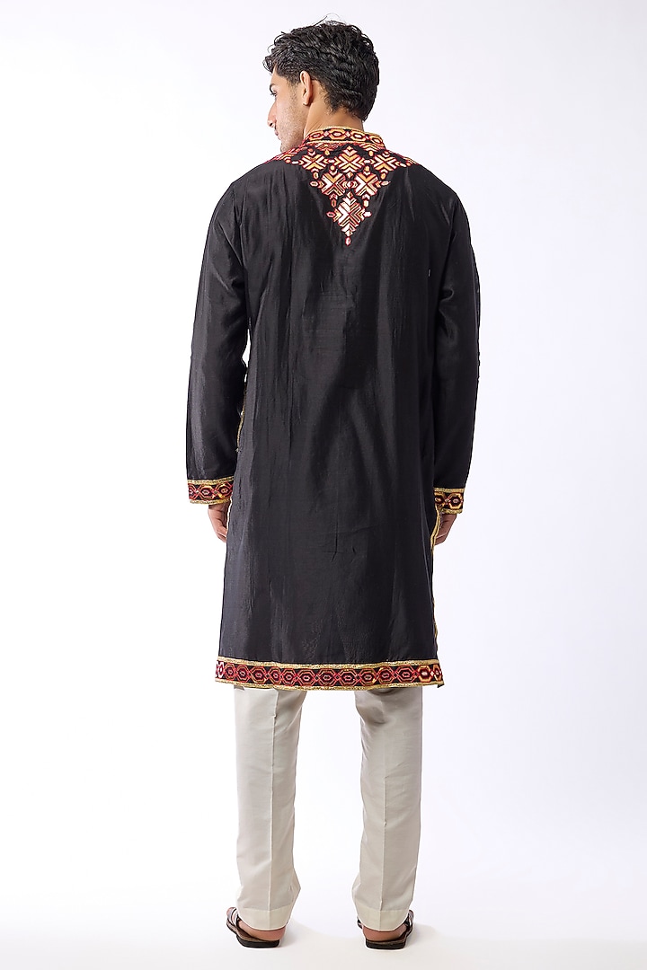 Black Silk Viscose Mirror Embroidered Kurta Set by Mard by Abu Sandeep at Pernia's Pop Up Shop