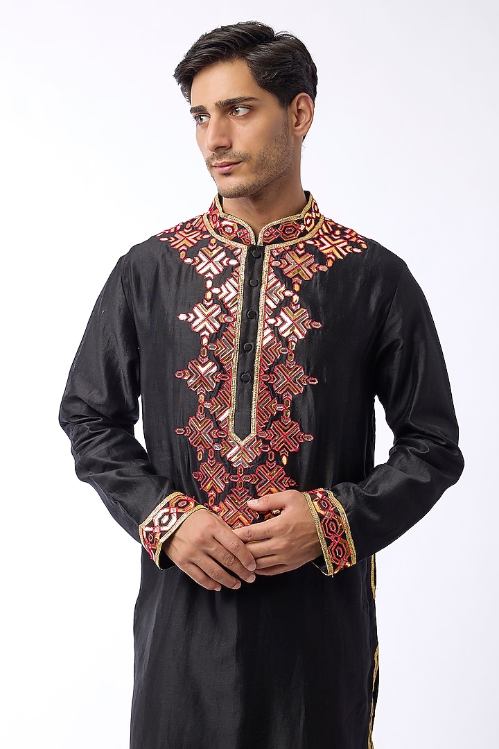 Black Silk Viscose Mirror Embroidered Kurta Set by Mard by Abu Sandeep at Pernia's Pop Up Shop