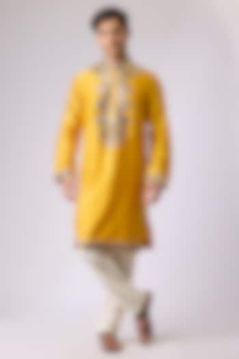 Mustard Silk Viscose Mirror Embroidered Kurta Set by Mard  by Abu Sandeep