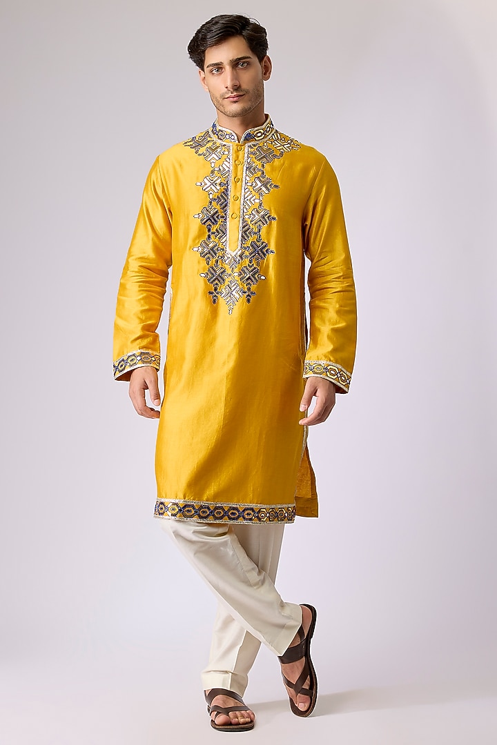 Mustard Silk Viscose Mirror Embroidered Kurta Set by Mard  by Abu Sandeep
