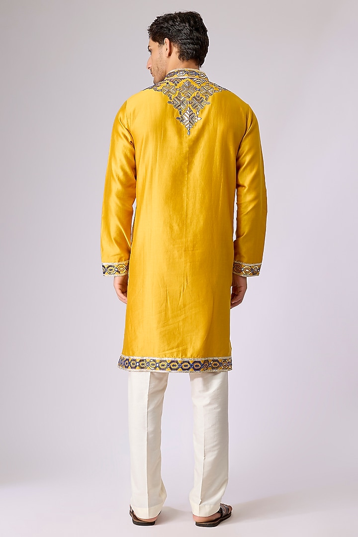 Mustard Silk Viscose Mirror Embroidered Kurta Set by Mard  by Abu Sandeep at Pernia's Pop Up Shop