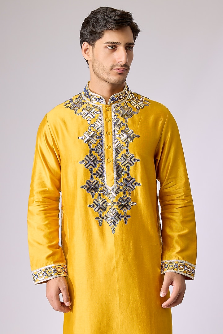 Mustard Silk Viscose Mirror Embroidered Kurta Set by Mard  by Abu Sandeep at Pernia's Pop Up Shop