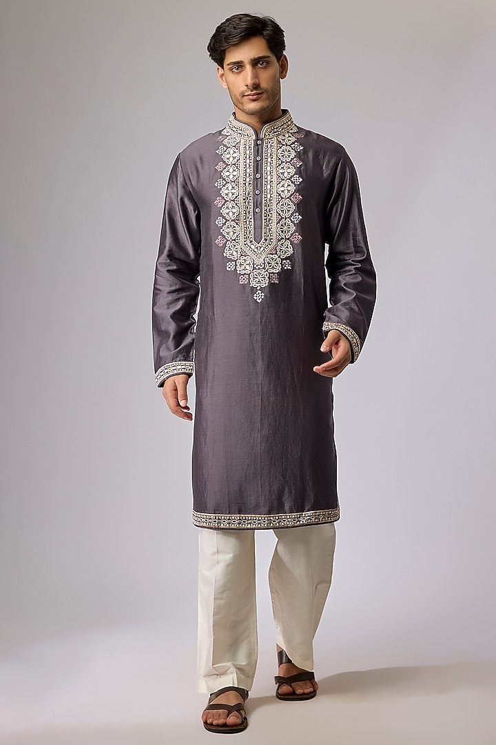 Grey Silk Viscose Kurta Set by Mard  by Abu Sandeep