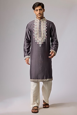 Grey Silk Viscose Kurta Set by Mard  by Abu Sandeep