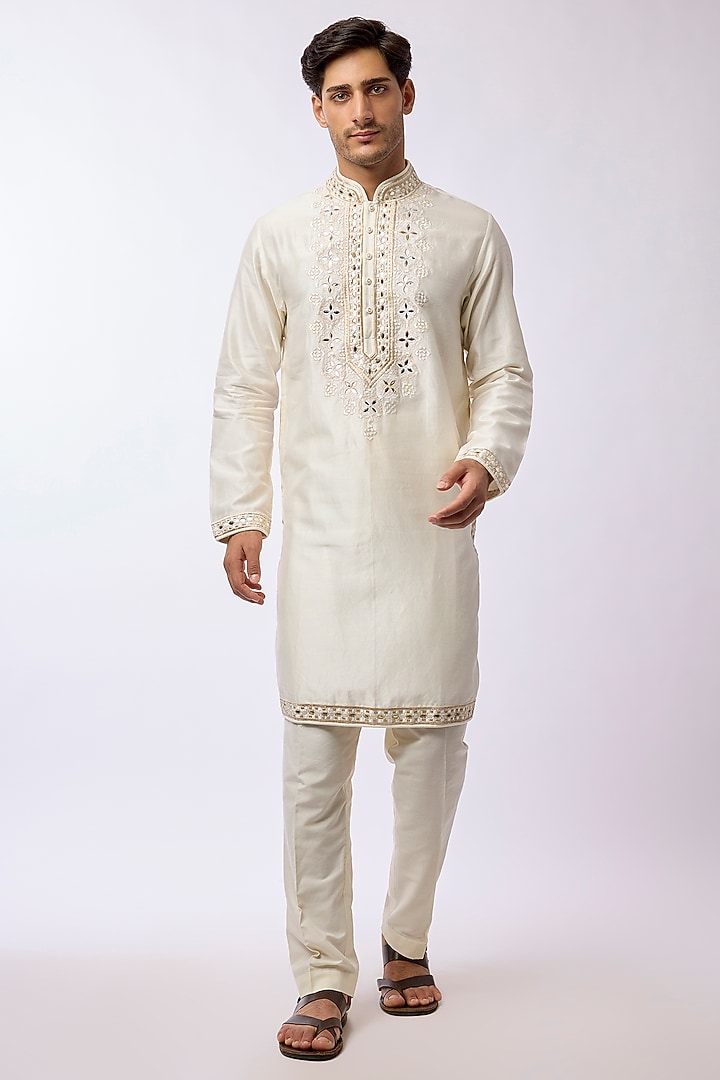 Off-White Silk Viscose Kurta Set by Mard  by Abu Sandeep