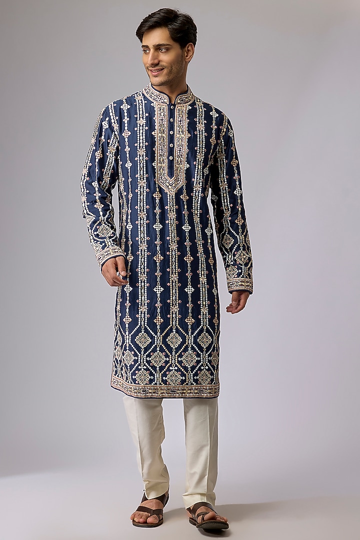 Navy Blue Silk Viscose Kurta Set by Mard  by Abu Sandeep