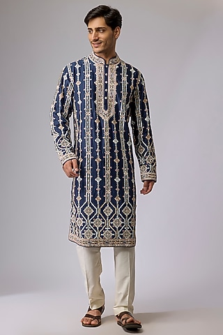 Navy Blue Silk Viscose Kurta Set by Mard  by Abu Sandeep