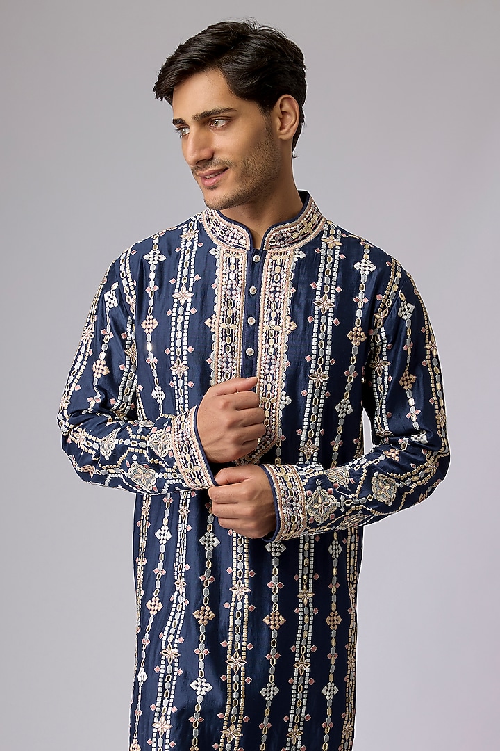 Navy Blue Silk Viscose Kurta Set by Mard  by Abu Sandeep at Pernia's Pop Up Shop