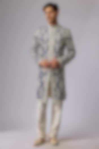 Blue Silk Viscose Sherwani by Mard  by Abu Sandeep