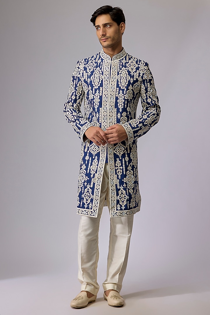 Blue Silk Viscose Sherwani by Mard  by Abu Sandeep