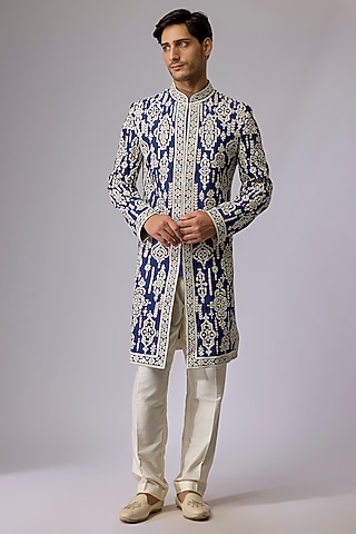 Blue Silk Viscose Sherwani by Mard  by Abu Sandeep