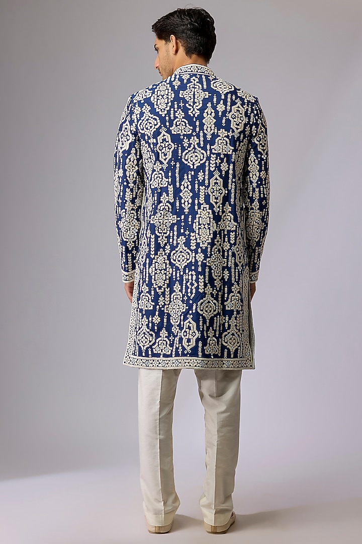 Blue Silk Viscose Groom Sherwani by Mard by Abu Sandeep at Pernia's Pop Up Shop