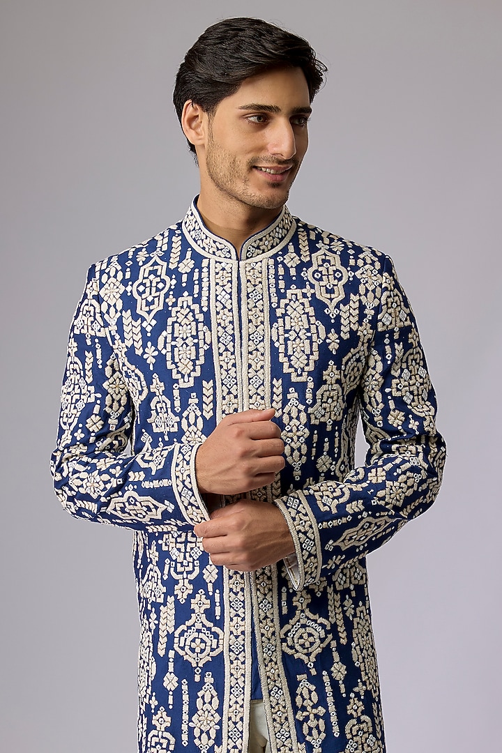 Blue Silk Viscose Groom Sherwani by Mard by Abu Sandeep at Pernia's Pop Up Shop