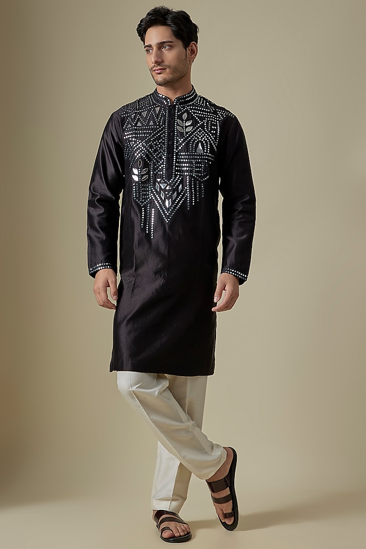 Black Silk Viscose Kurta Set by Mard  by Abu Sandeep