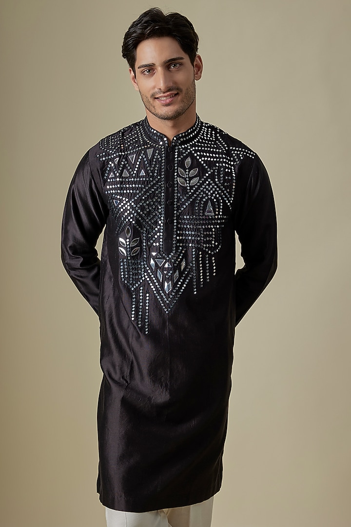 Black Silk Viscose Kurta Set by Mard by Abu Sandeep at Pernia's Pop Up Shop