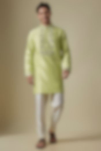 Green Silk Viscose Kurta Set by Mard  by Abu Sandeep