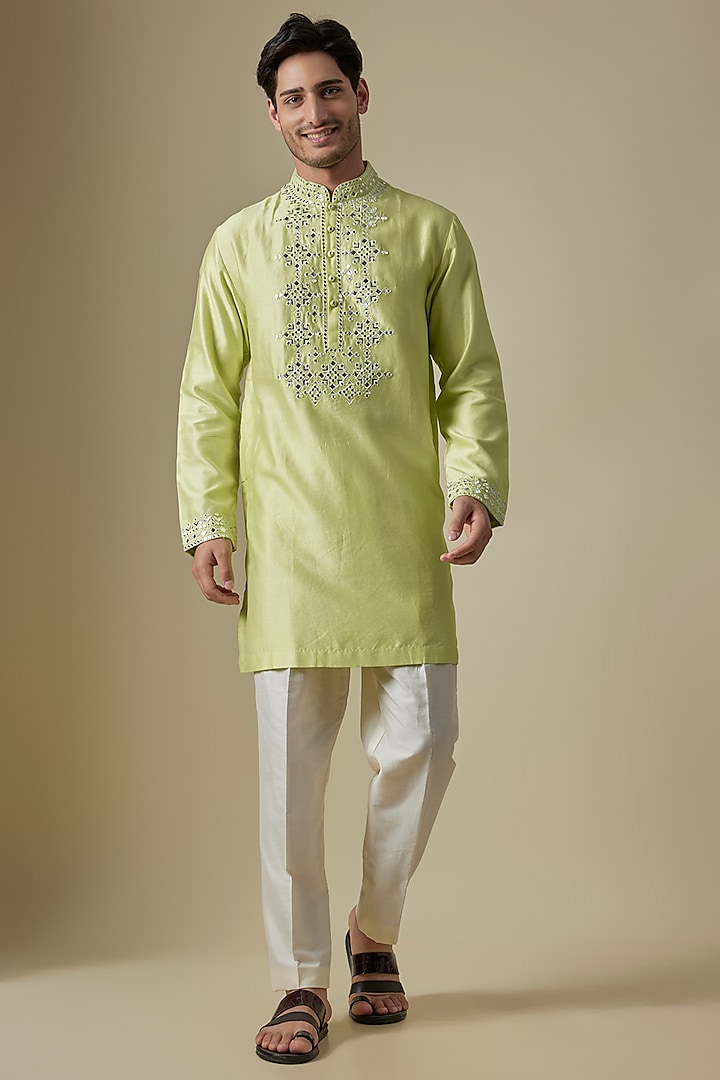 Green Silk Viscose Kurta Set by Mard  by Abu Sandeep