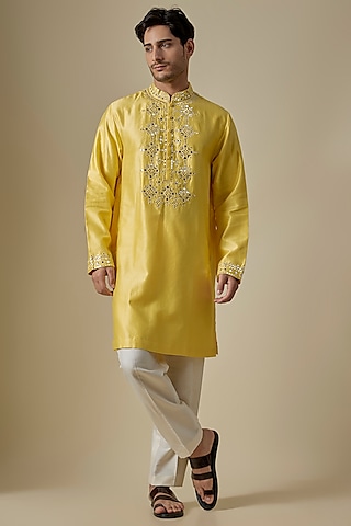 Yellow Silk Viscose Kurta Set by Mard  by Abu Sandeep