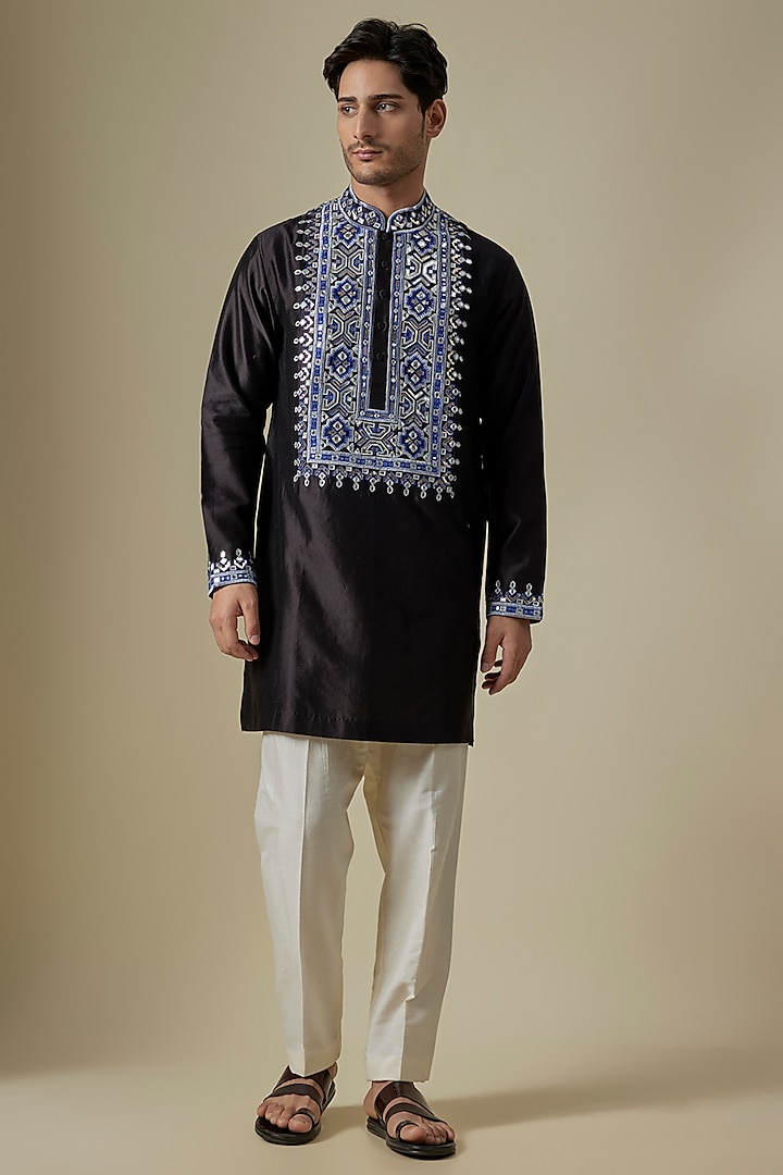 Black & Blue Silk Viscose Kurta Set by Mard  by Abu Sandeep