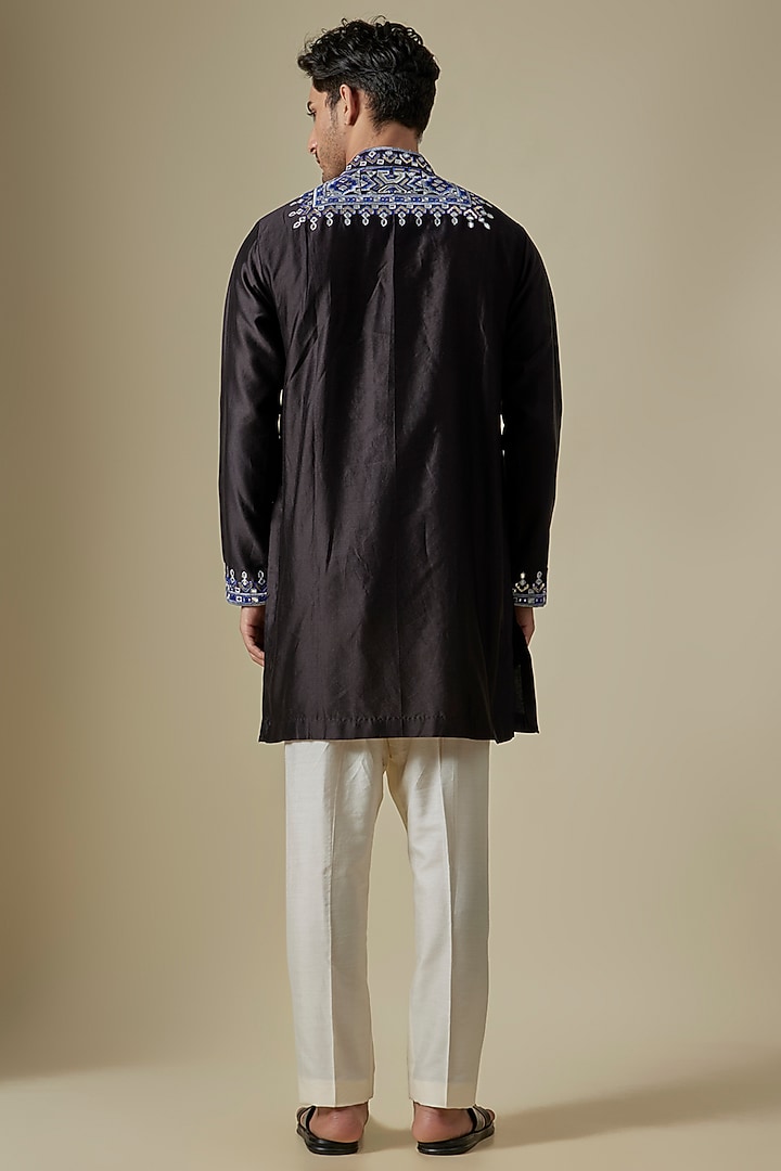 Black & Blue Silk Viscose Kurta Set by Mard by Abu Sandeep at Pernia's Pop Up Shop