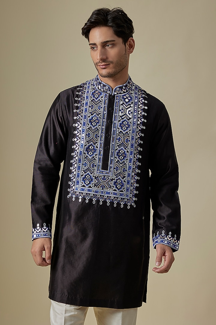 Black & Blue Silk Viscose Kurta Set by Mard by Abu Sandeep at Pernia's Pop Up Shop