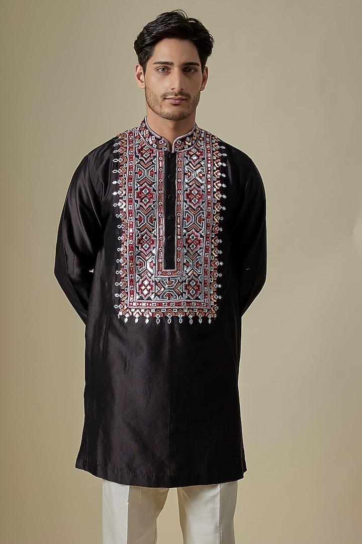 Black & Red Silk Viscose Kurta Set by Mard by Abu Sandeep at Pernia's Pop Up Shop