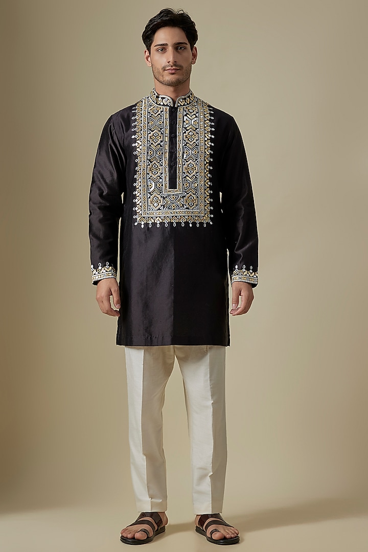 Black & Yellow Silk Viscose Kurta Set by Mard  by Abu Sandeep