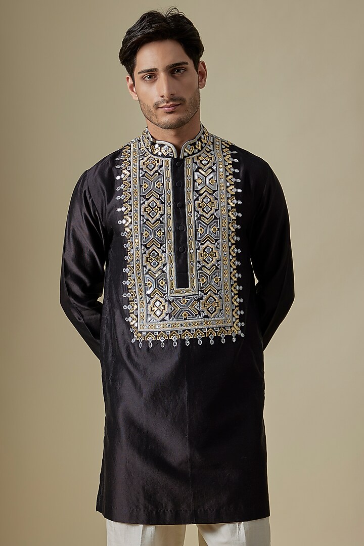 Black & Yellow Silk Viscose Kurta Set by Mard by Abu Sandeep at Pernia's Pop Up Shop