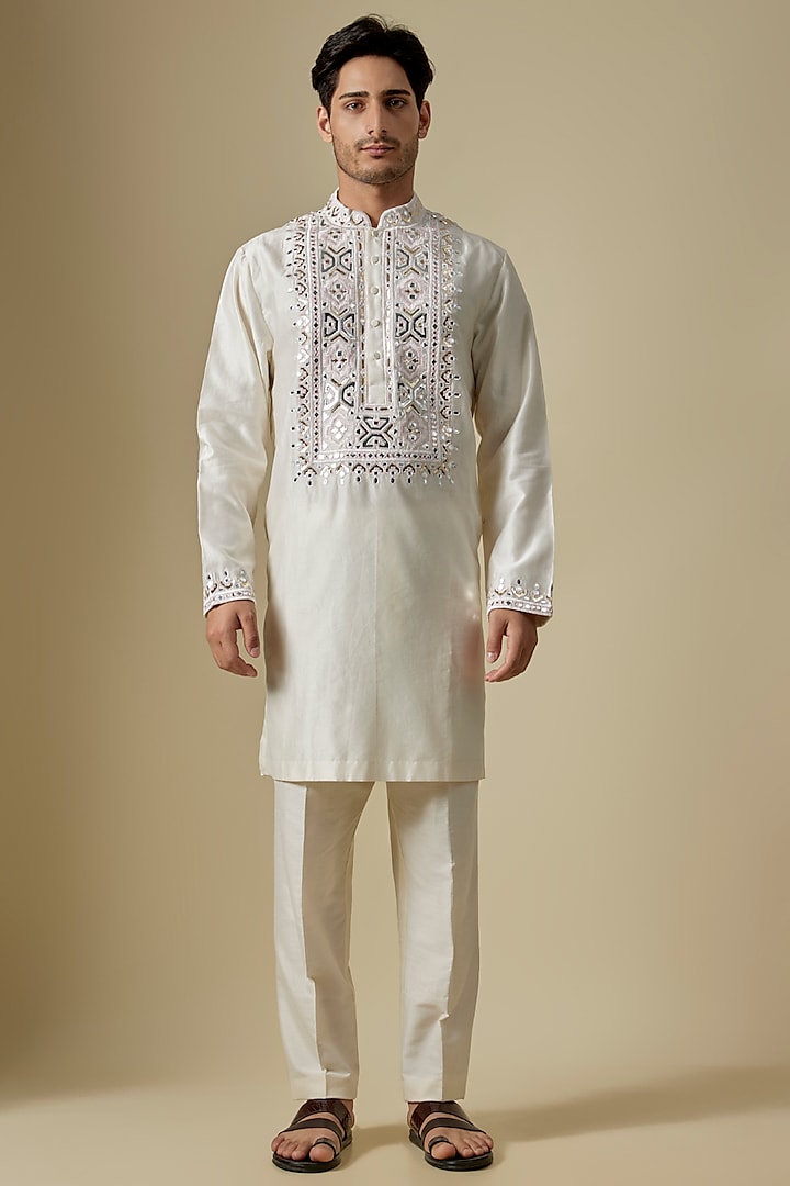 Off-White Silk Viscose Kurta Set by Mard  by Abu Sandeep