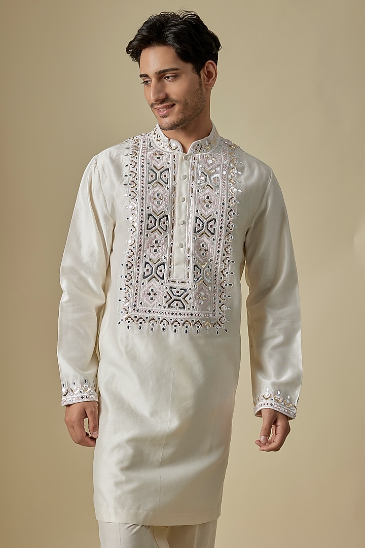 Off-White Silk Viscose Kurta Set by Mard  by Abu Sandeep at Pernia's Pop Up Shop