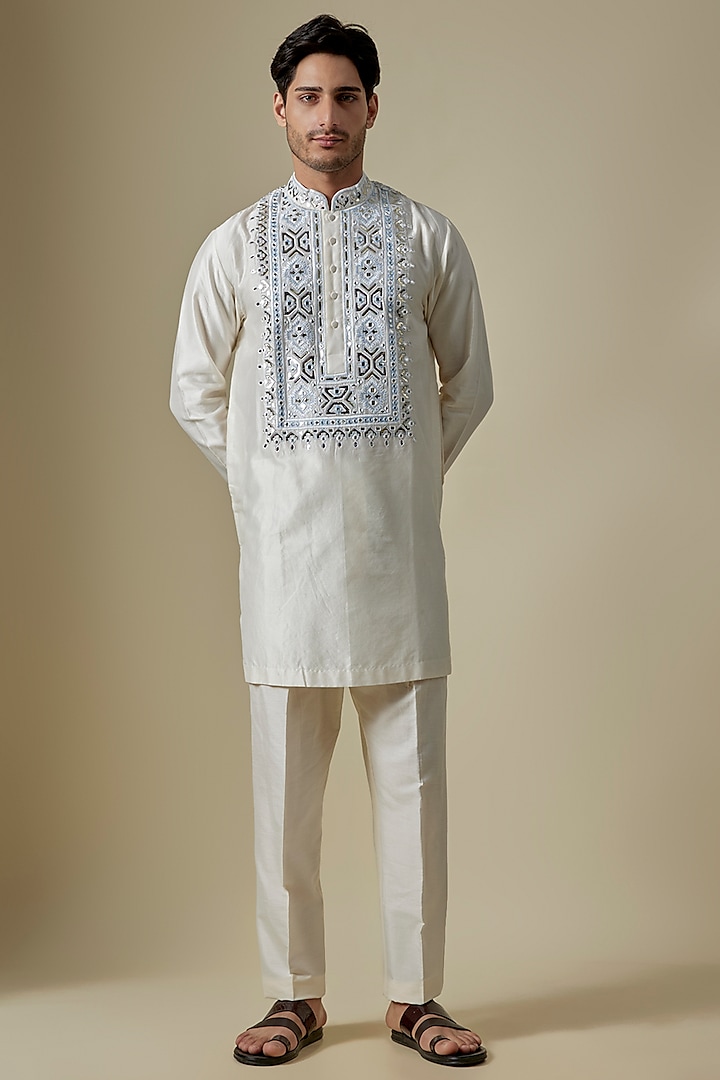 Off-White Silk Viscose Kurta Set by Mard  by Abu Sandeep