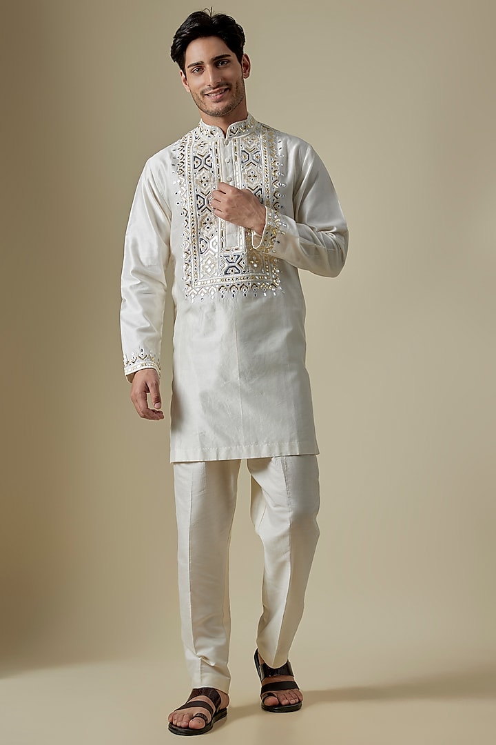 Off-White Silk Viscose Kurta Set by Mard  by Abu Sandeep